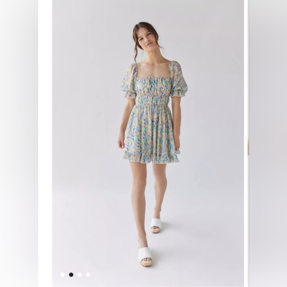 NWOT Urban Outfitters Floral Puff Sleeve Dress - Blue and Yellow